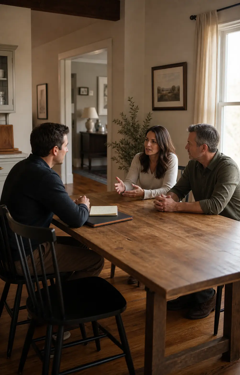 An insurance advisor listening to a couple at their kitchen table