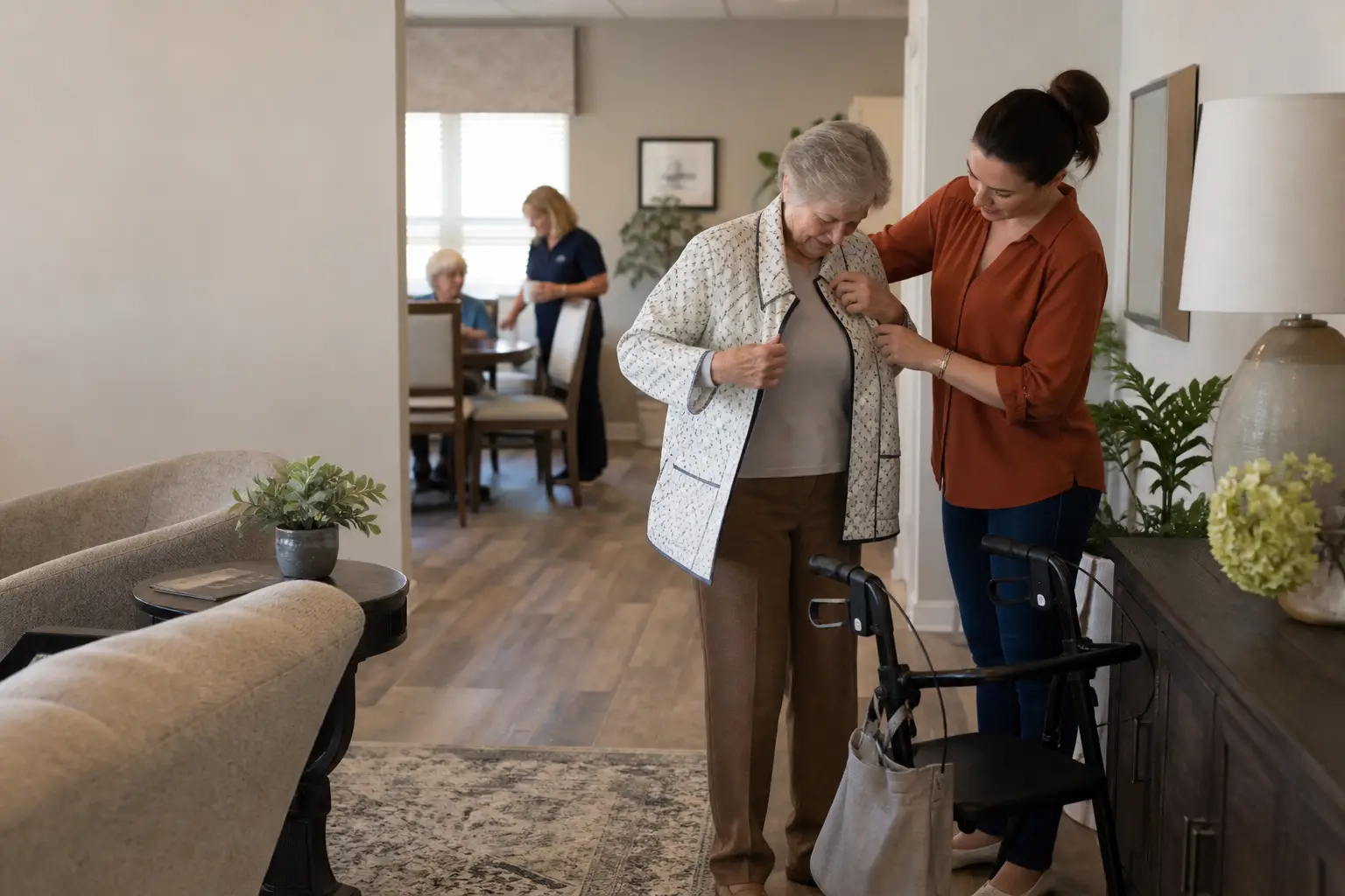 A care associate helping an assisted living resident put on a jacket before joining the day’s activities