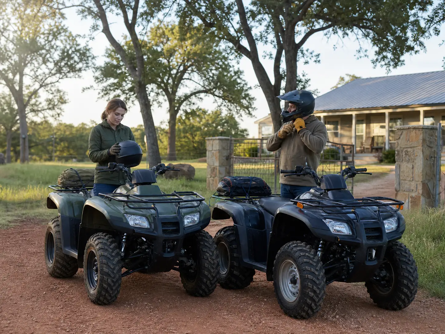 Two riders preparing helmets beside utility ATVs on an Oklahoma acreage