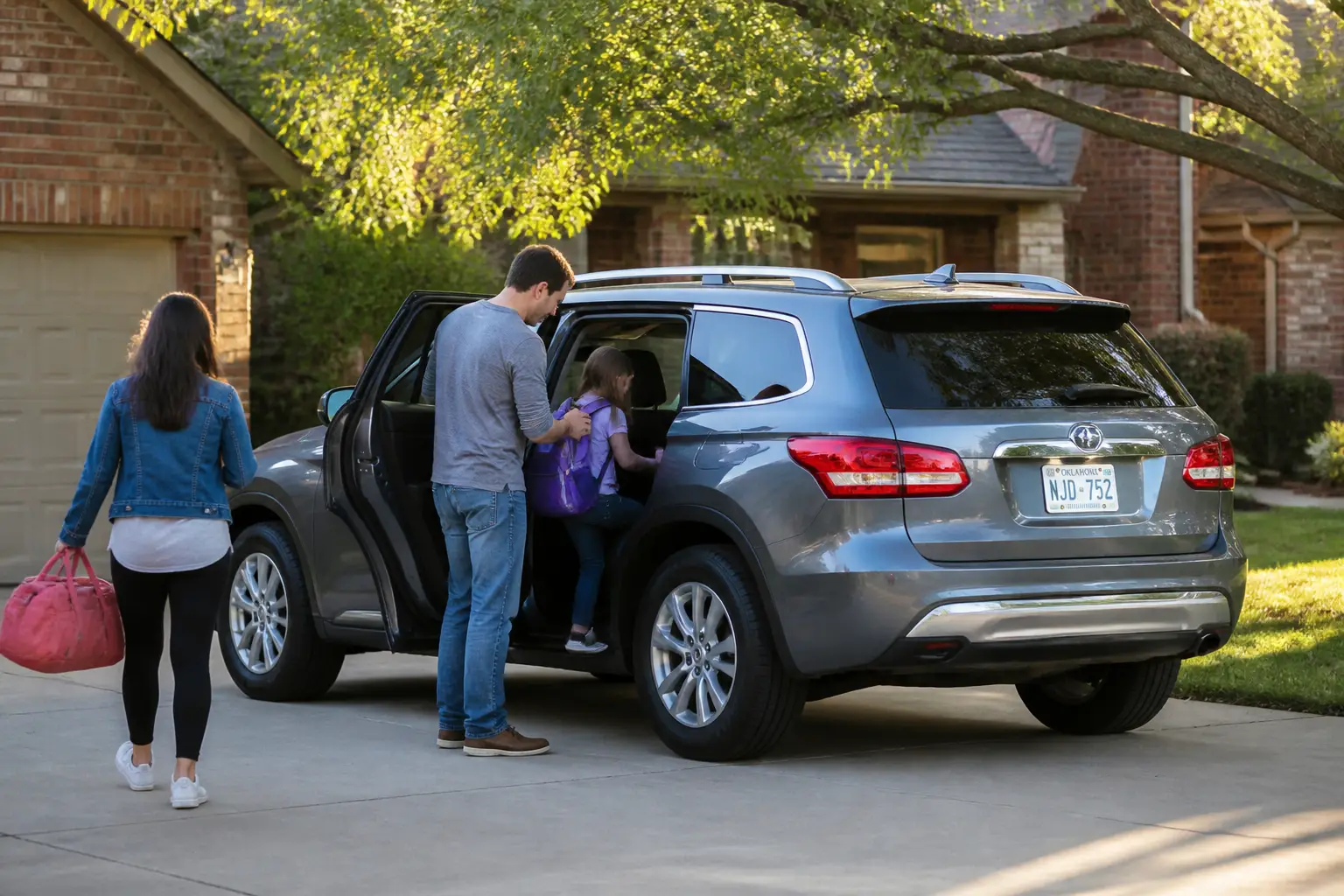 A family loading a midsize SUV outside their brick home