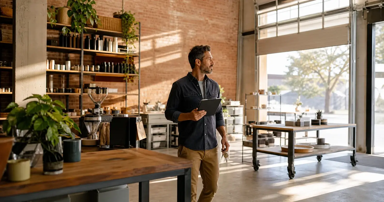 A small-business owner checking his workspace at the start of the day