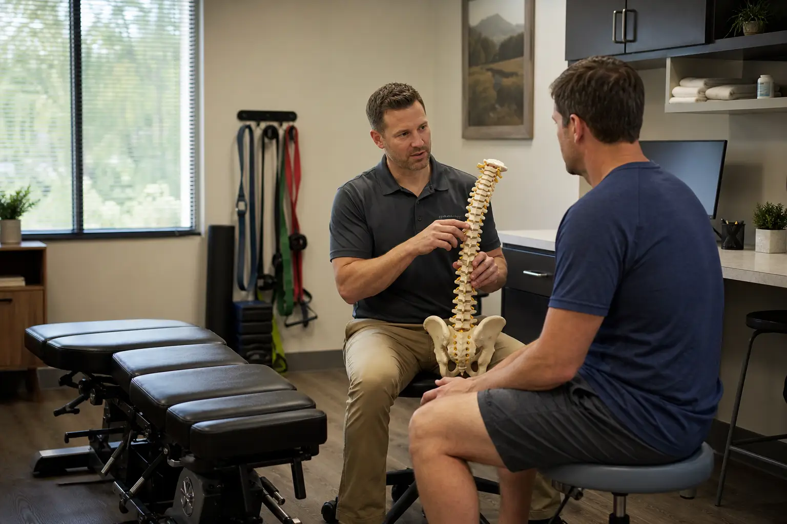 A chiropractor using a spine model while discussing care with a patient beside an adjustment table