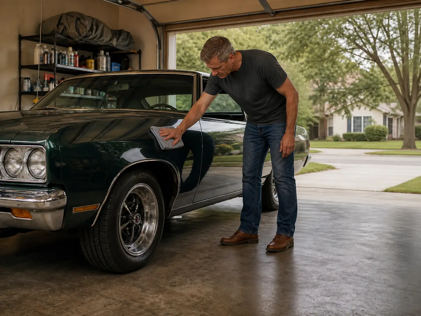A classic car owner wiping down a coupe before a weekend drive