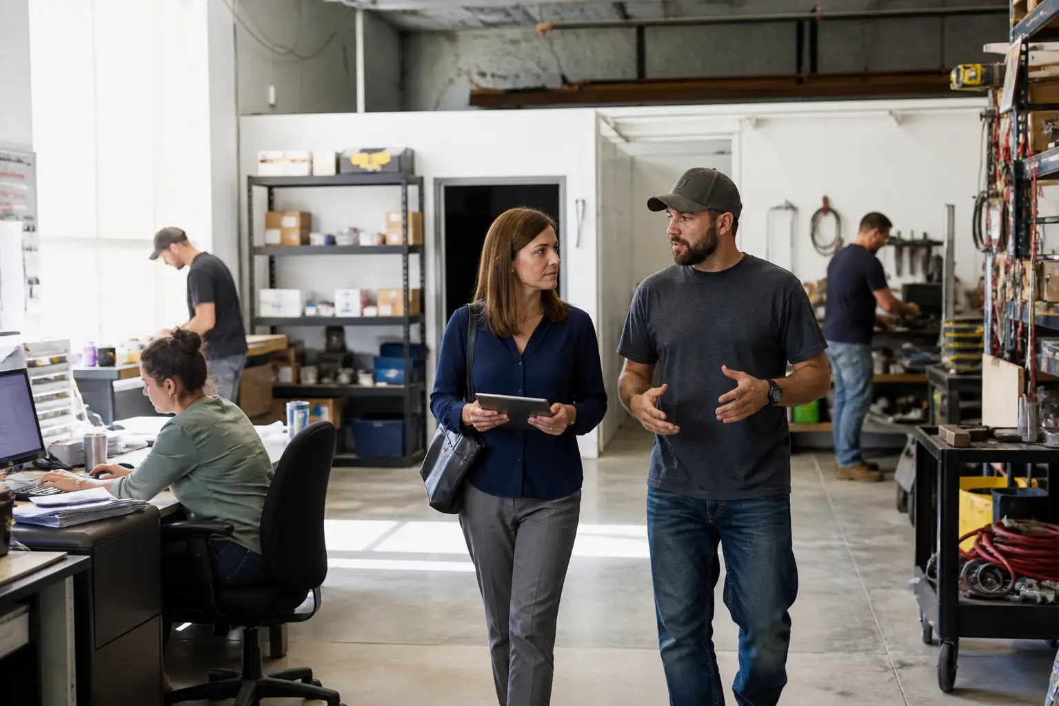 A small business owner walking through an active workshop with an advisor