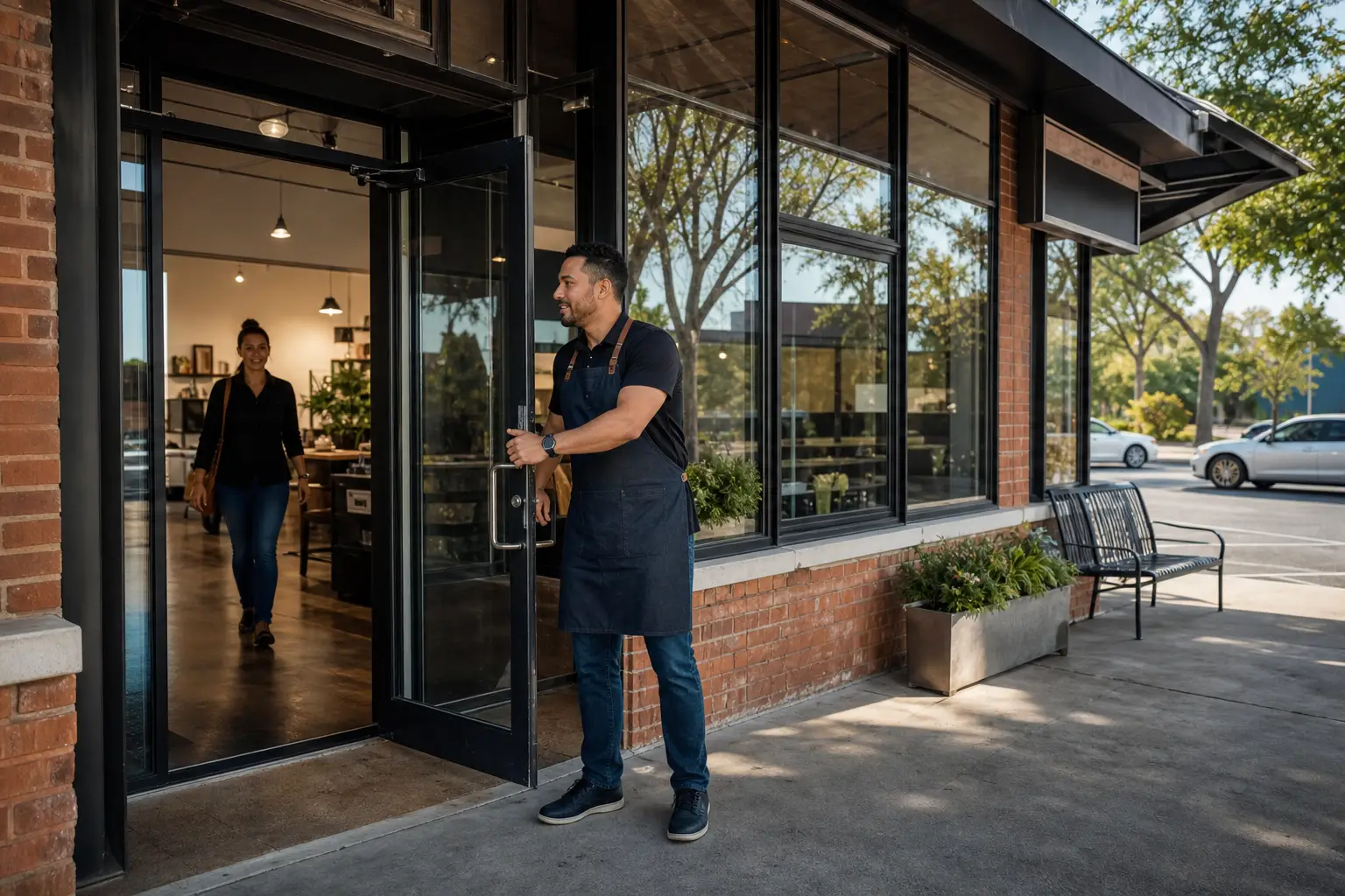 A local business owner opening a brick storefront at the start of the day
