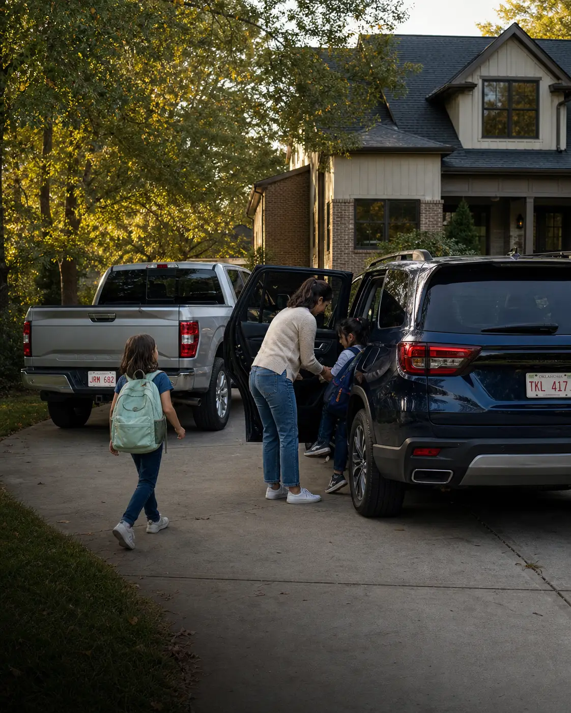 A mother helping her children into an SUV beside a pickup outside an Edmond home