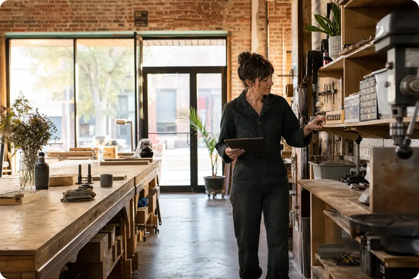 Small-business owner working in an inviting independent shop