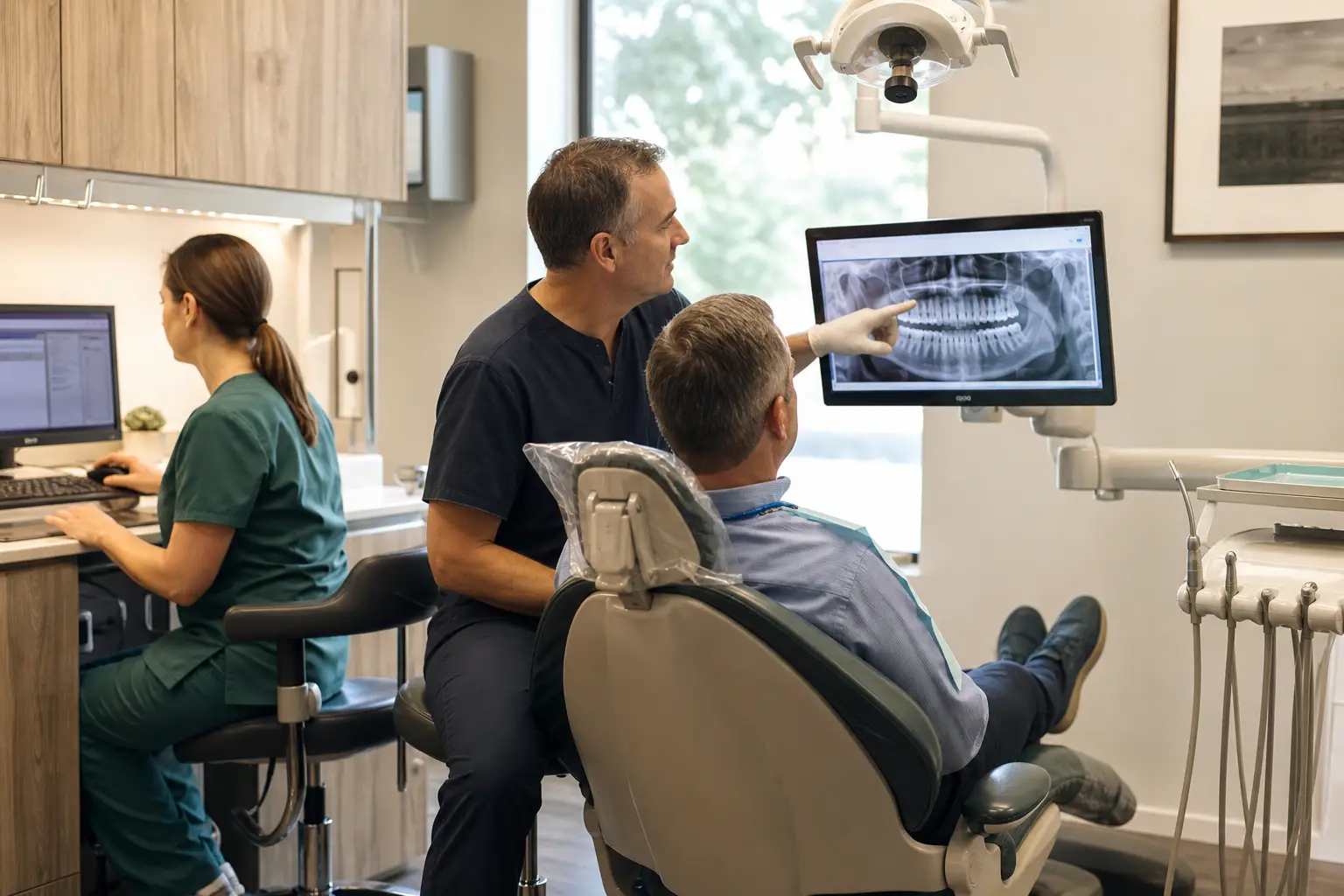 A dentist reviewing a dental image with a patient while an assistant works at the chairside station