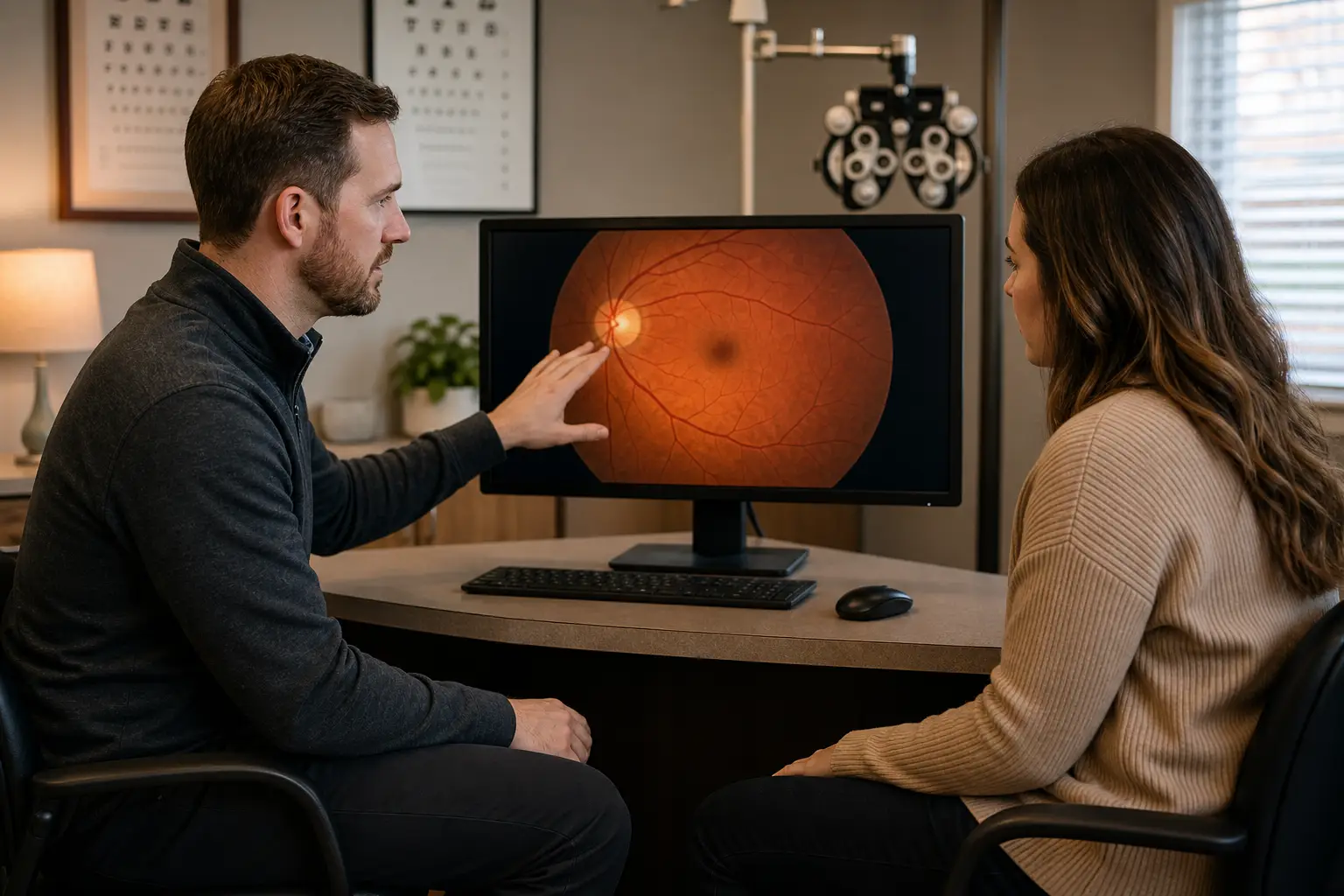 An optometrist and patient reviewing a retinal image together after an eye examination