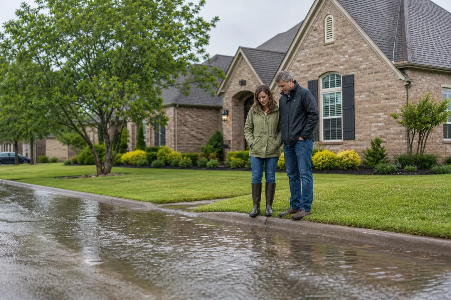 A couple checking stormwater near their brick home after heavy rain