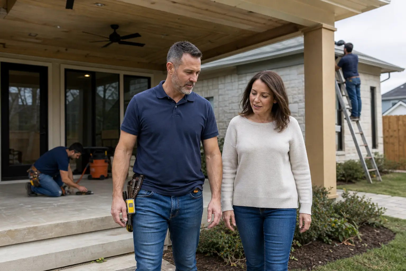A remodeling business owner walking a completed residential job with the homeowner