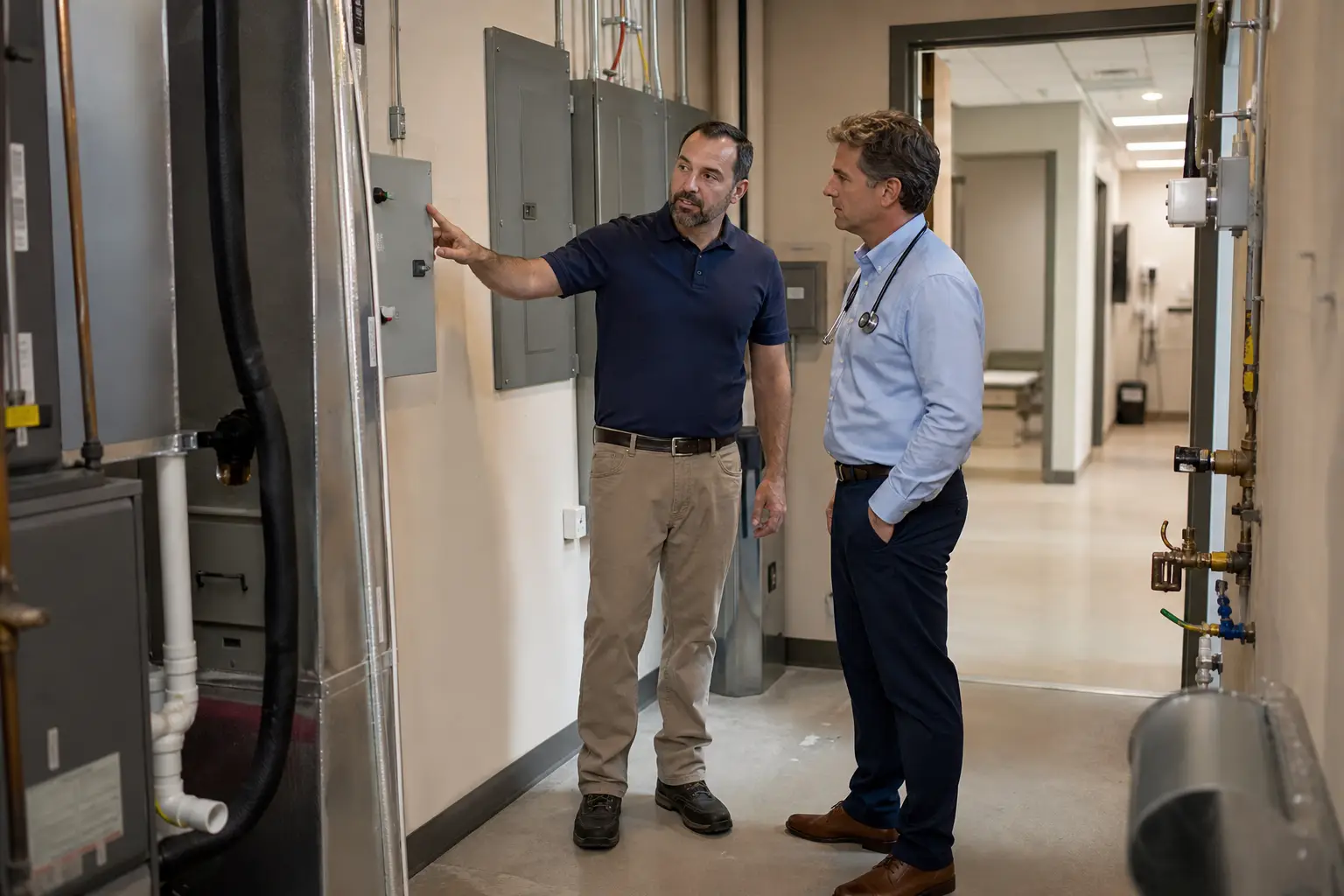 A physician-owner and facilities professional reviewing electrical and mechanical systems inside a medical office building