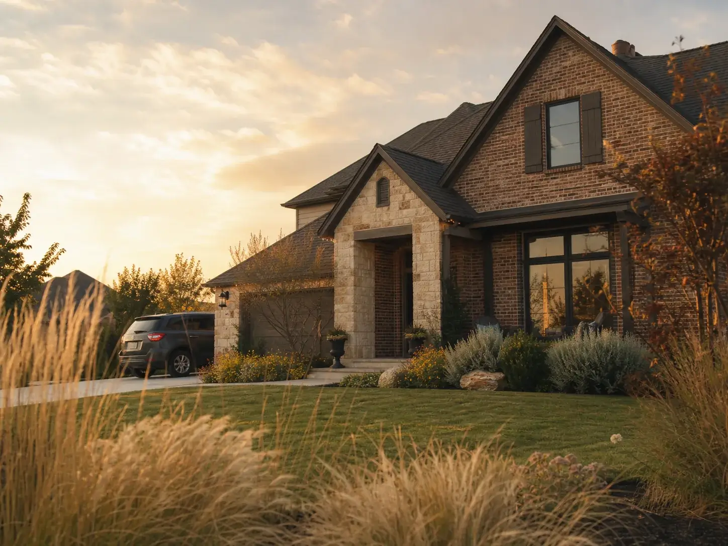 A welcoming home with warm exterior lighting and mature landscaping