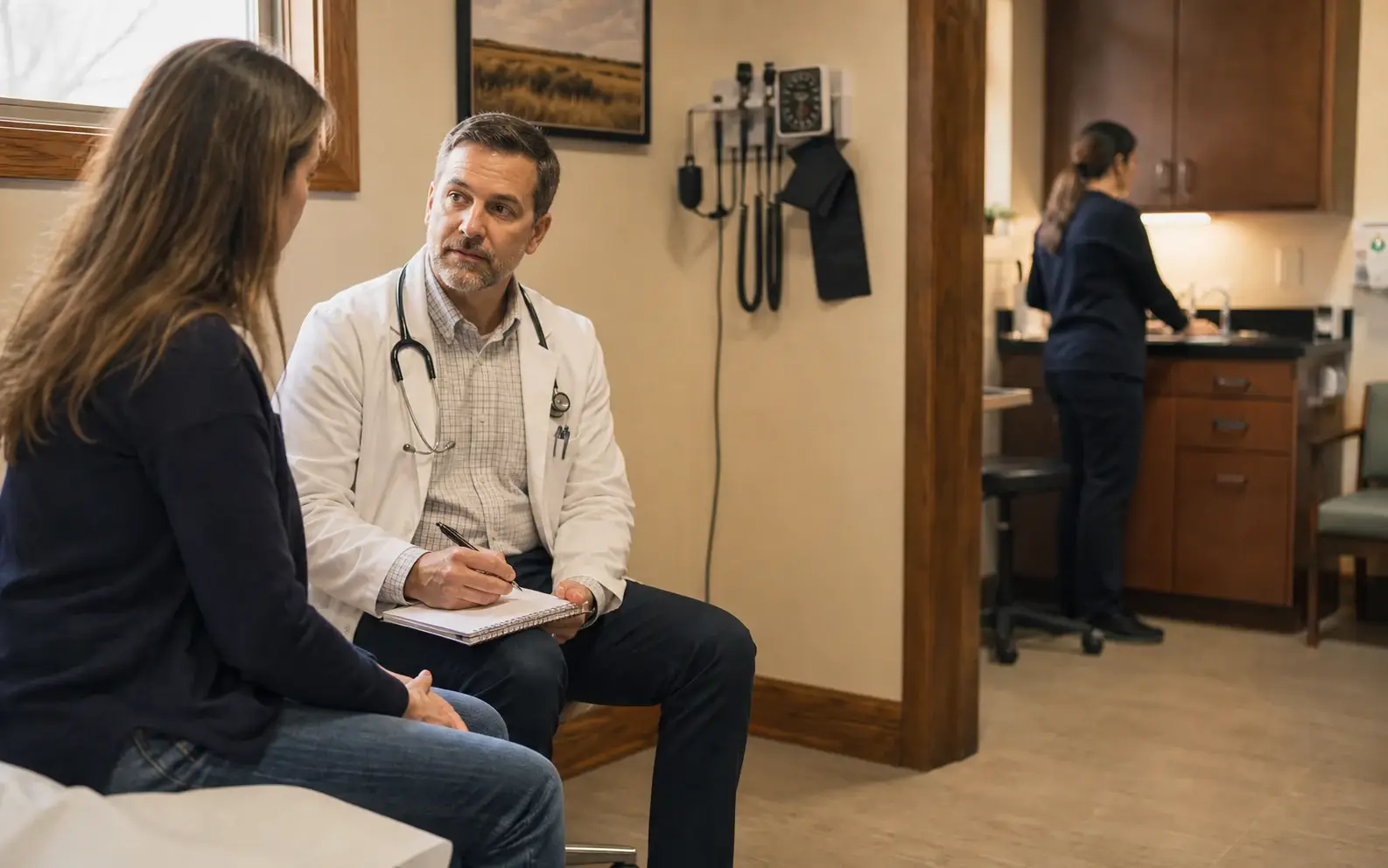 A physician listening to a patient in a small independent medical practice