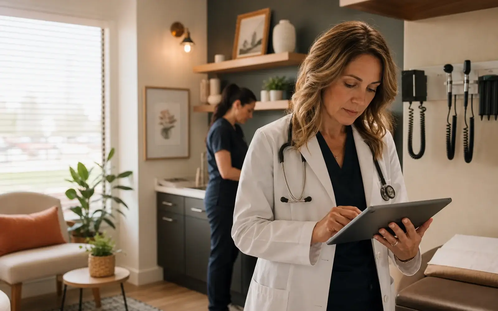 A physician reviewing information on a tablet inside an independent medical practice