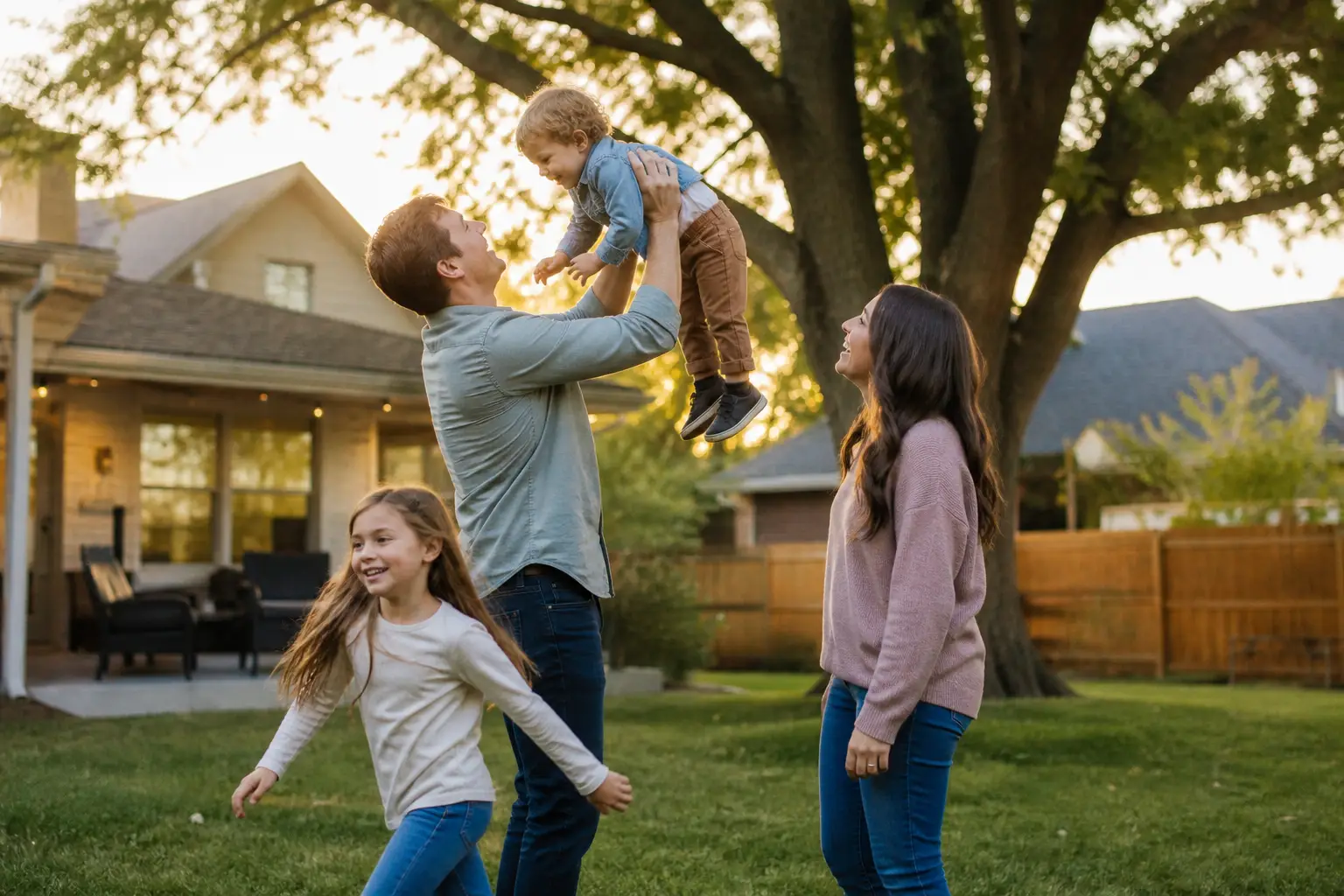 Parents playing with their children in the backyard at home