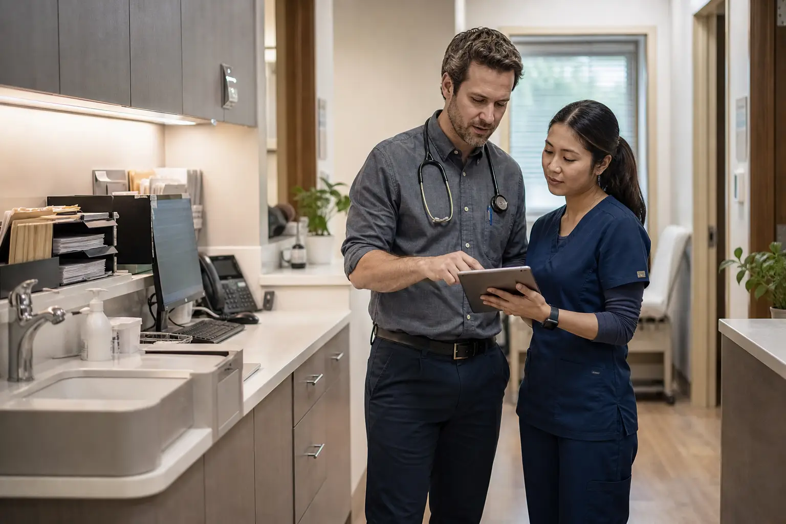 A physician and medical assistant reviewing the day’s schedule together inside an independent medical clinic