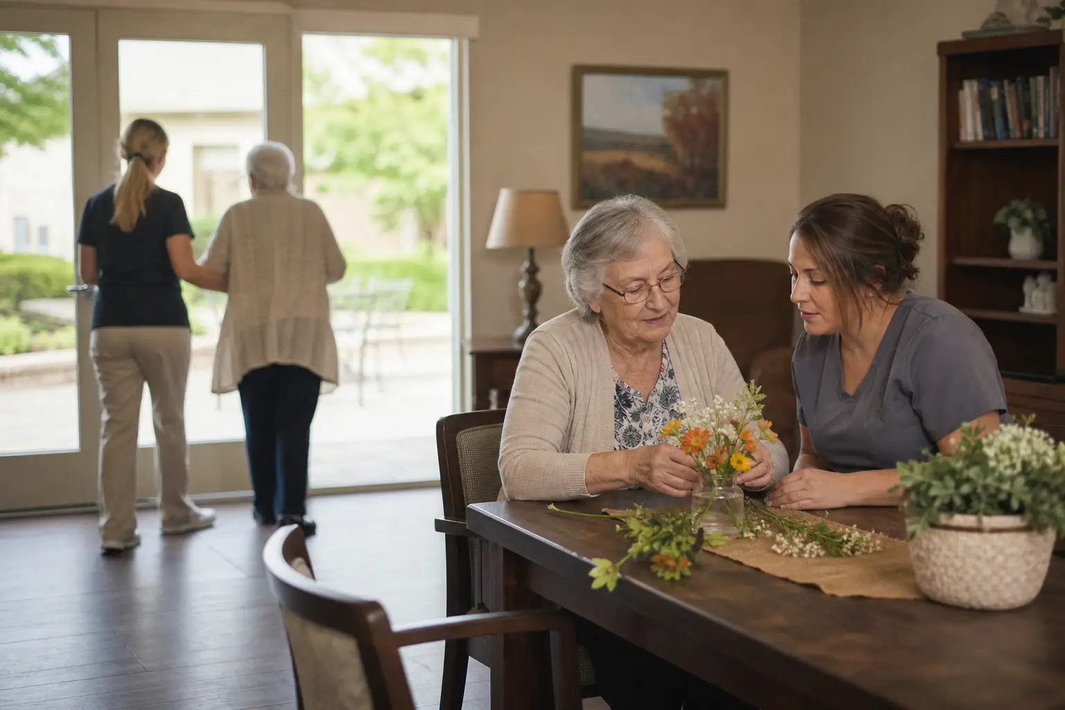 A memory care resident arranging flowers with a caregiver while another staff member supports a resident near the courtyard