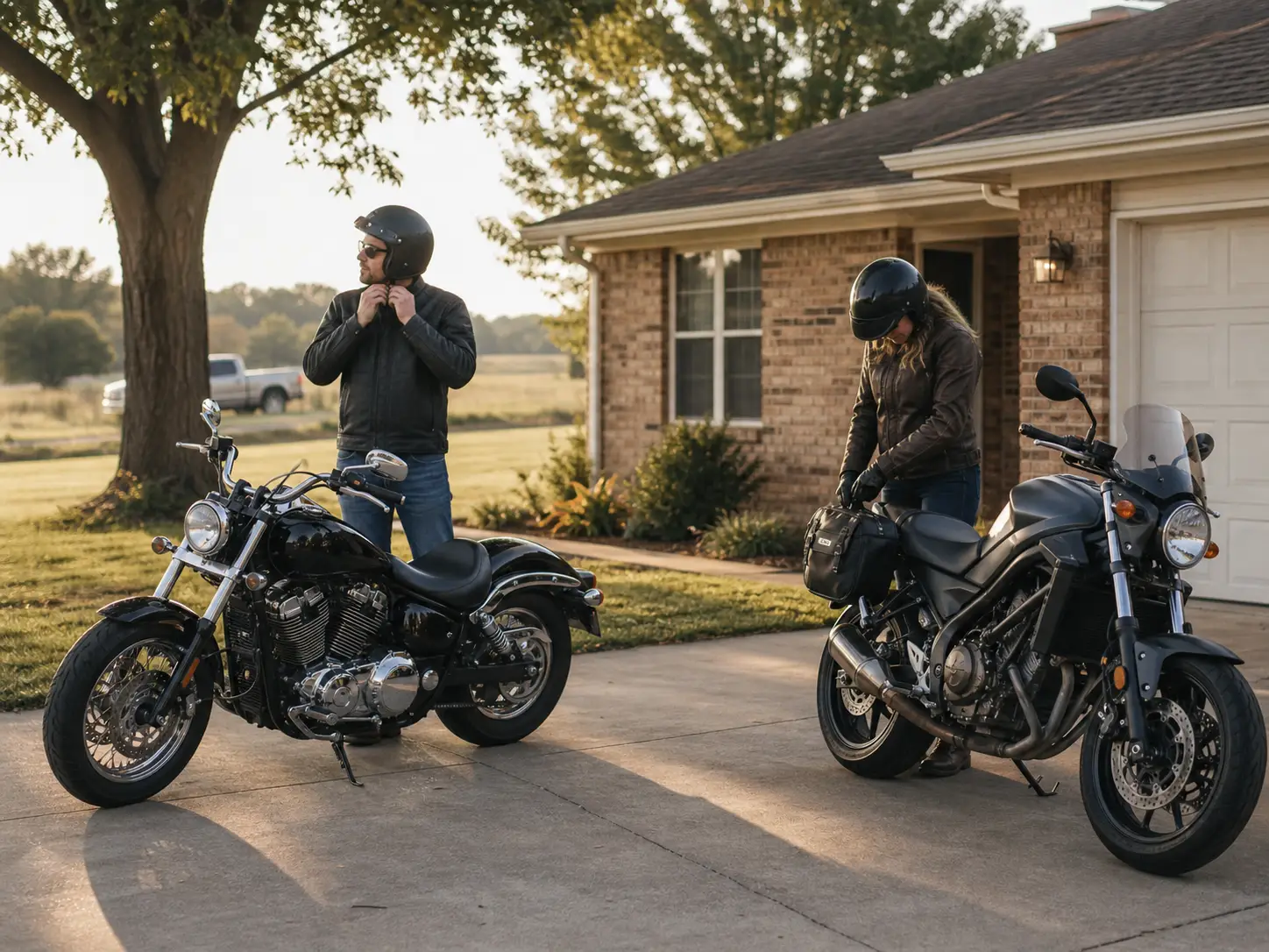 Two motorcyclists riding in formation on a winding road through the hills of eastern Oklahoma
