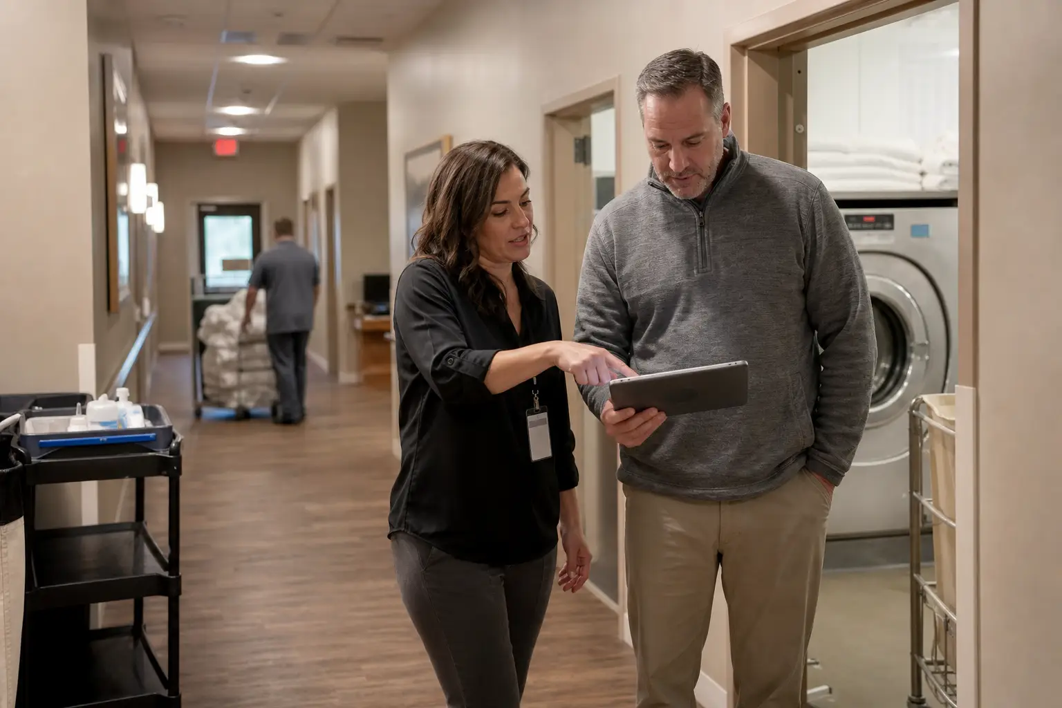 A regional operations leader and facility administrator reviewing a maintenance item during an on-site senior care walkthrough