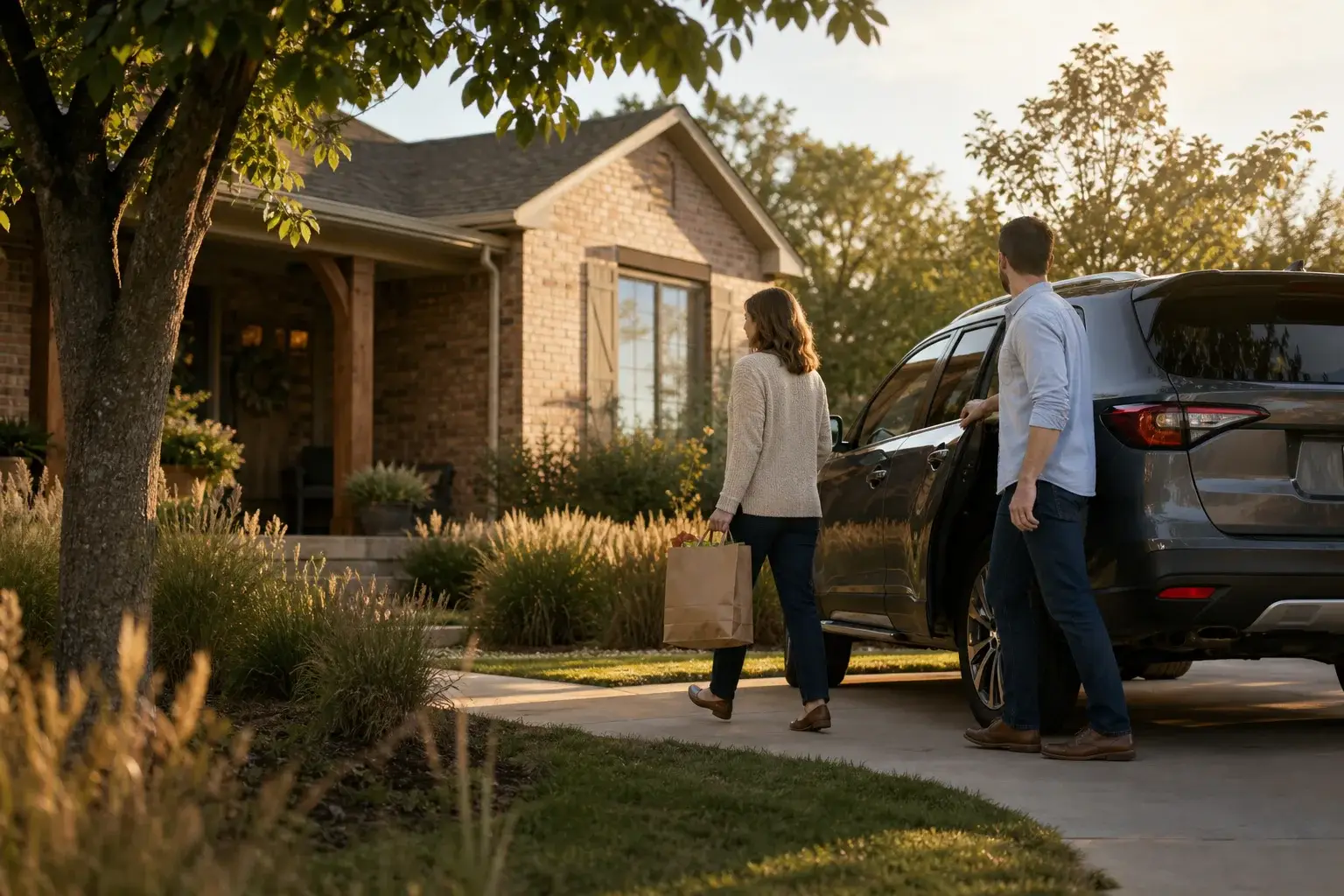 A couple arriving at their home with groceries