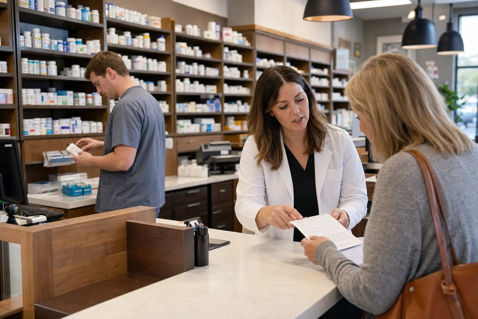 A community pharmacist counseling a patient while a technician works in the dispensary