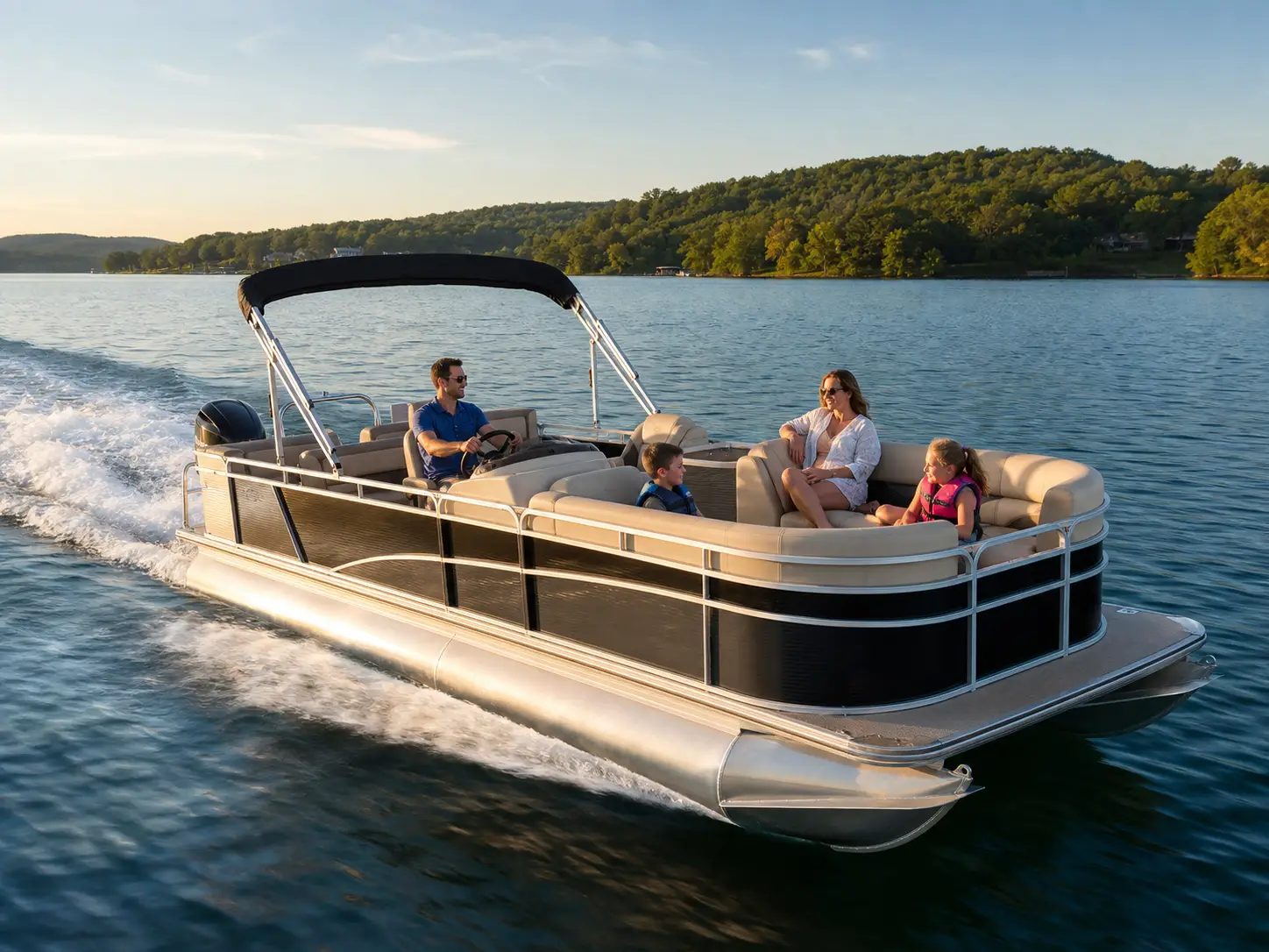 A young family spending the afternoon together aboard a pontoon boat on an Oklahoma lake