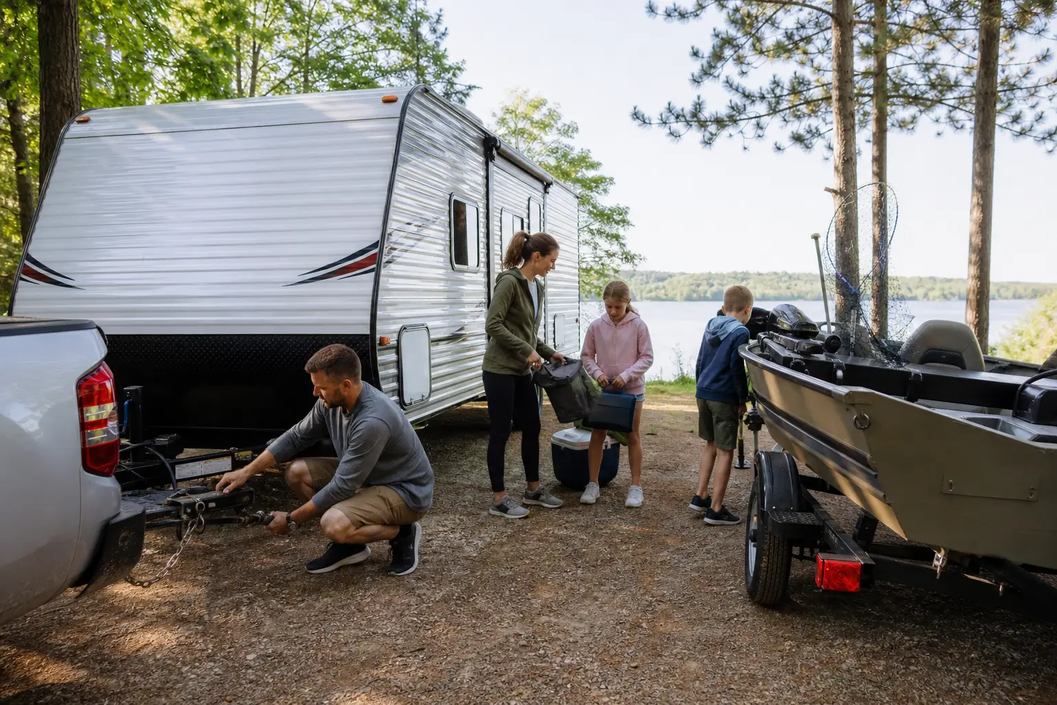A family loading a travel trailer and fishing boat near a lake