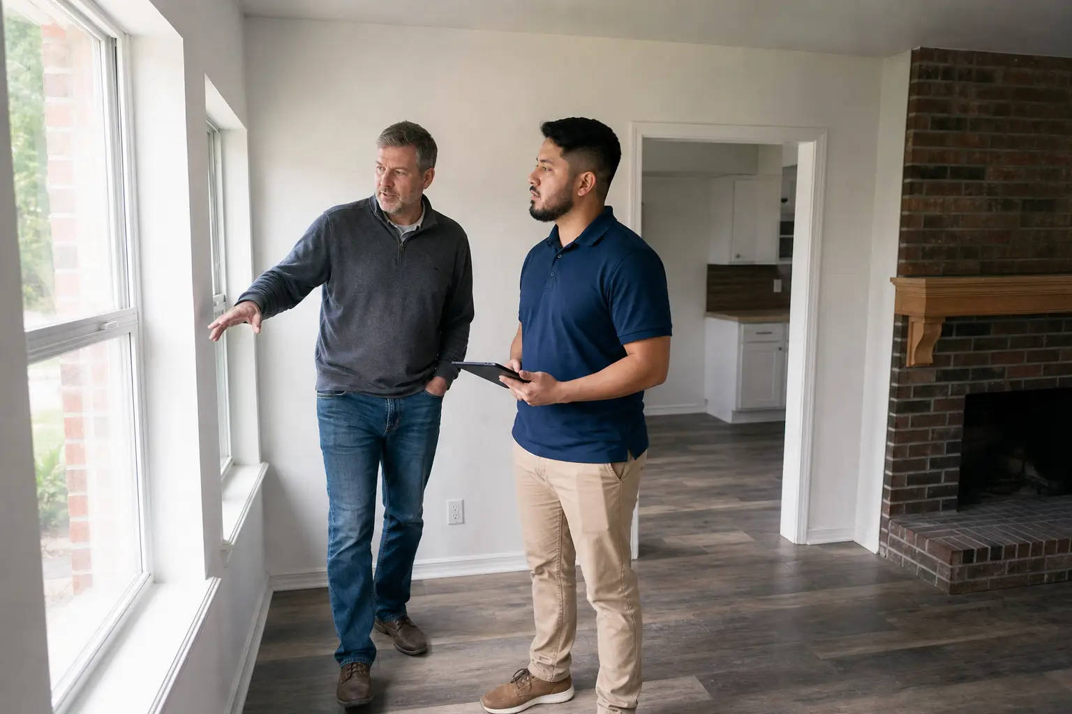 A rental property owner walking through a refreshed home with a local contractor