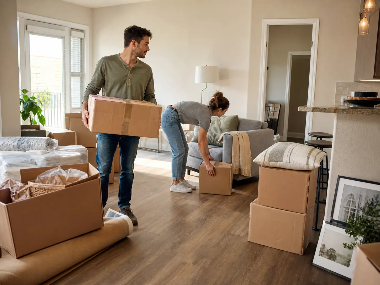 A couple carrying boxes into an apartment during move-in day