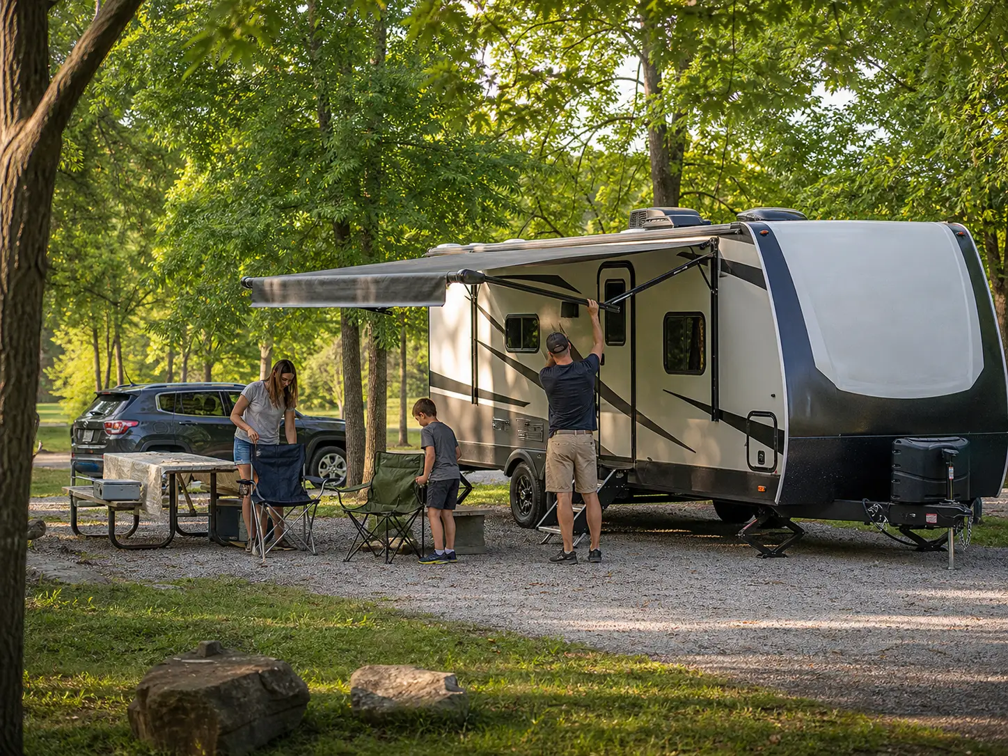 A family setting up their travel trailer at a wooded campsite