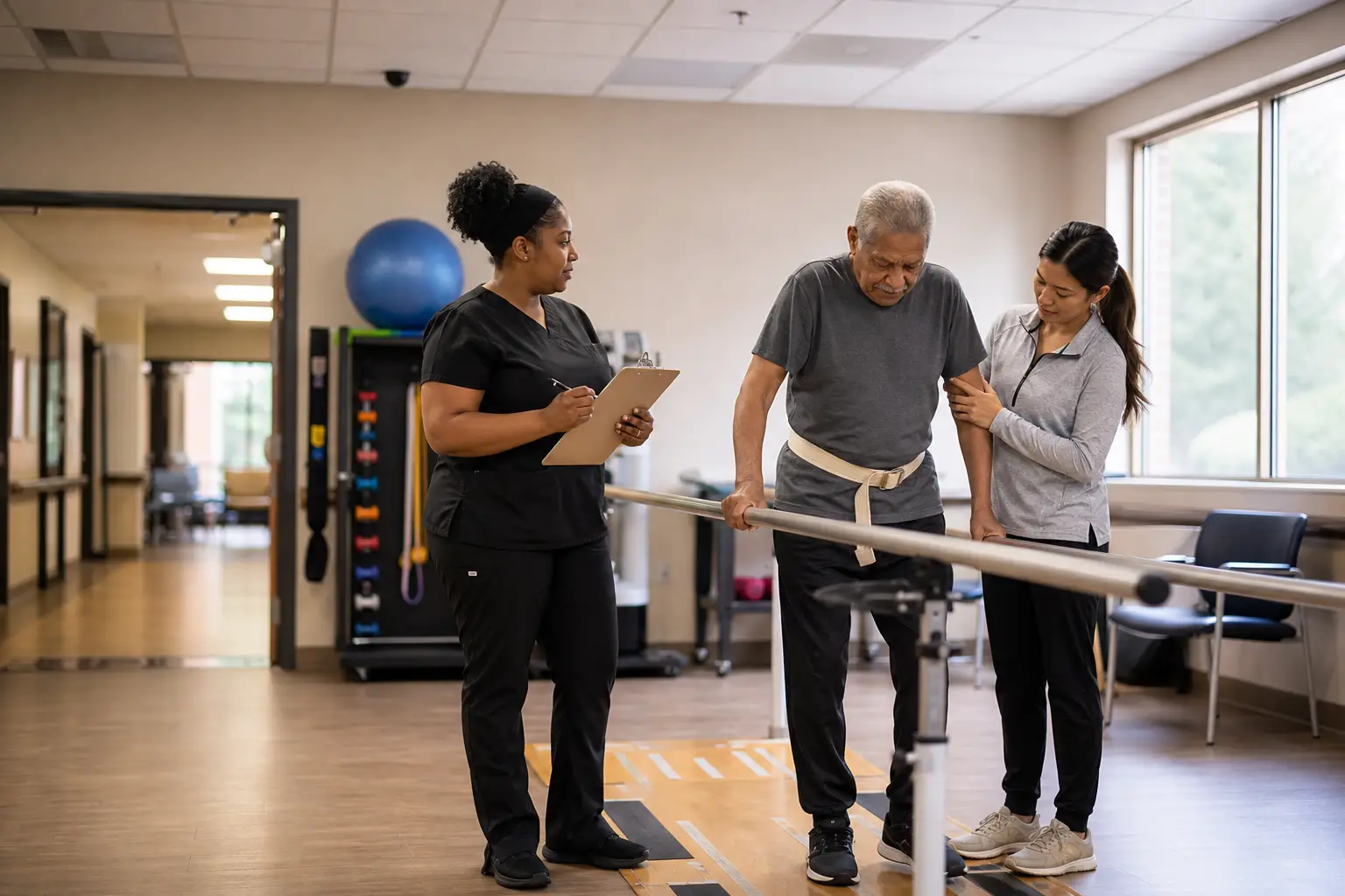 A physical therapist assisting an older adult in a skilled nursing rehabilitation gym while a nurse coordinates nearby