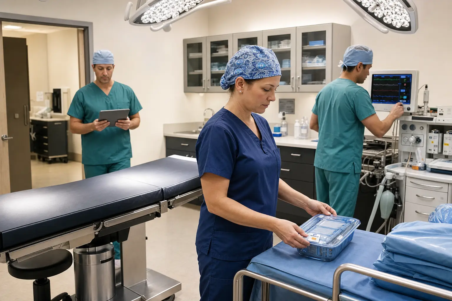 A surgery center team checking sterile instruments, anesthesia equipment, and the day’s schedule before a procedure