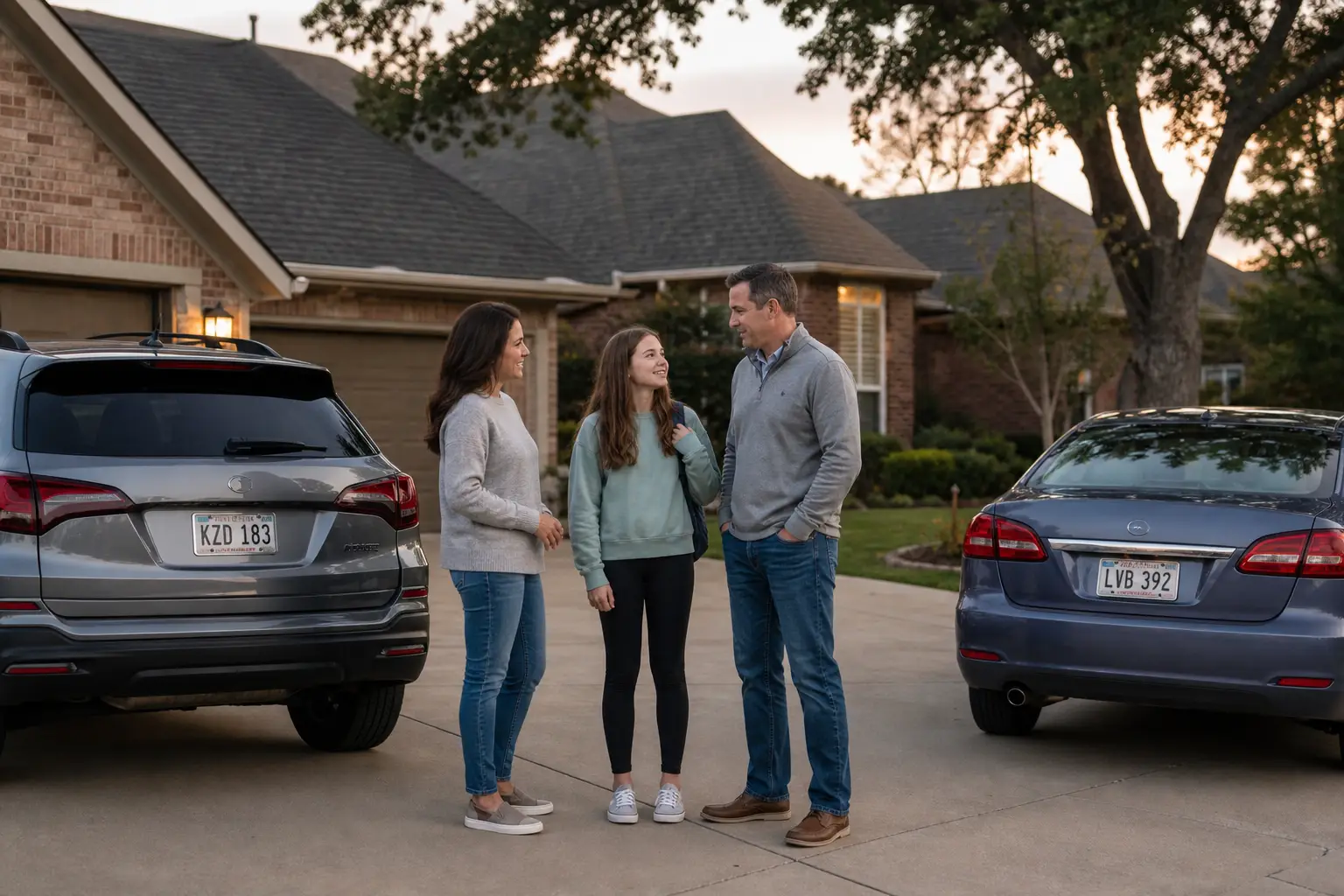 Parents talking with their teenage daughter between the family vehicles at home