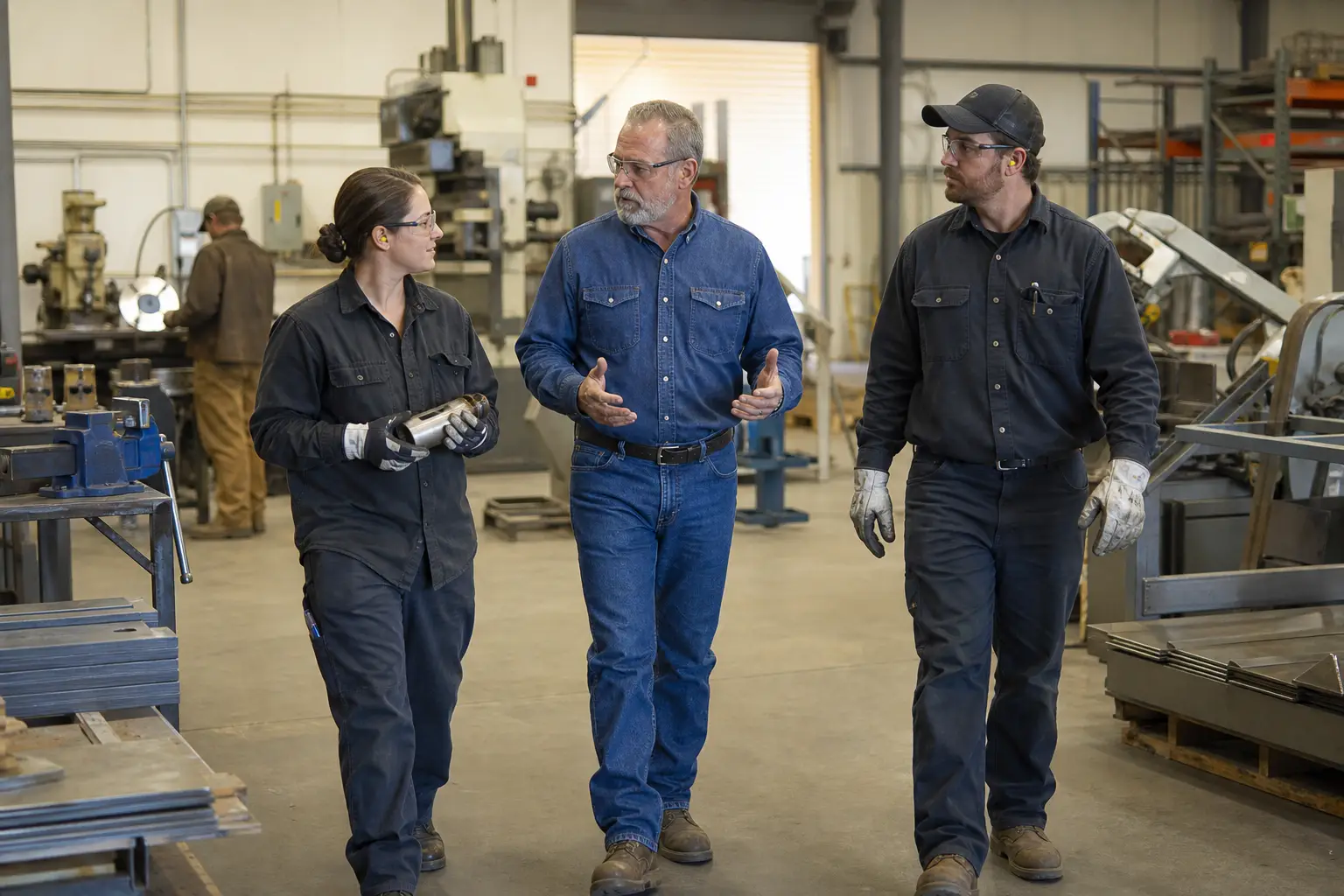 A manufacturing business owner walking the shop floor with two employees